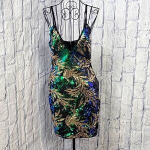 SHOP 17 Floral Gold, Blue, and Green Sequined Dress Medium‎